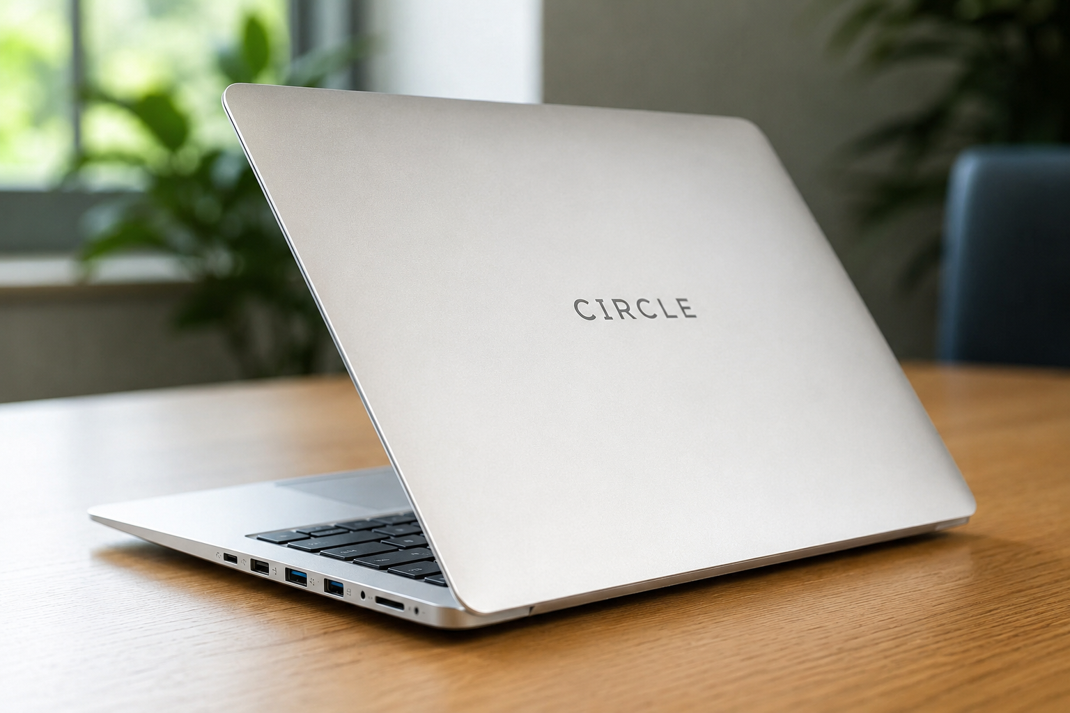 Concept image of the Circle Vertex One laptop, an ultra-slim full-aluminum notebook with the CIRCLE name engraved on its lid